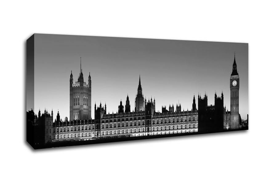 Picture of London Houses Of Parliament On The Thames B n W Panoramic Canvas Wall Art