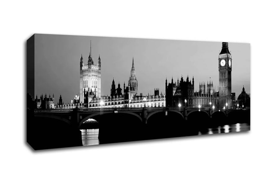 Picture of London Houses Of Parliament With Big Ben B n W Panoramic Canvas Wall Art