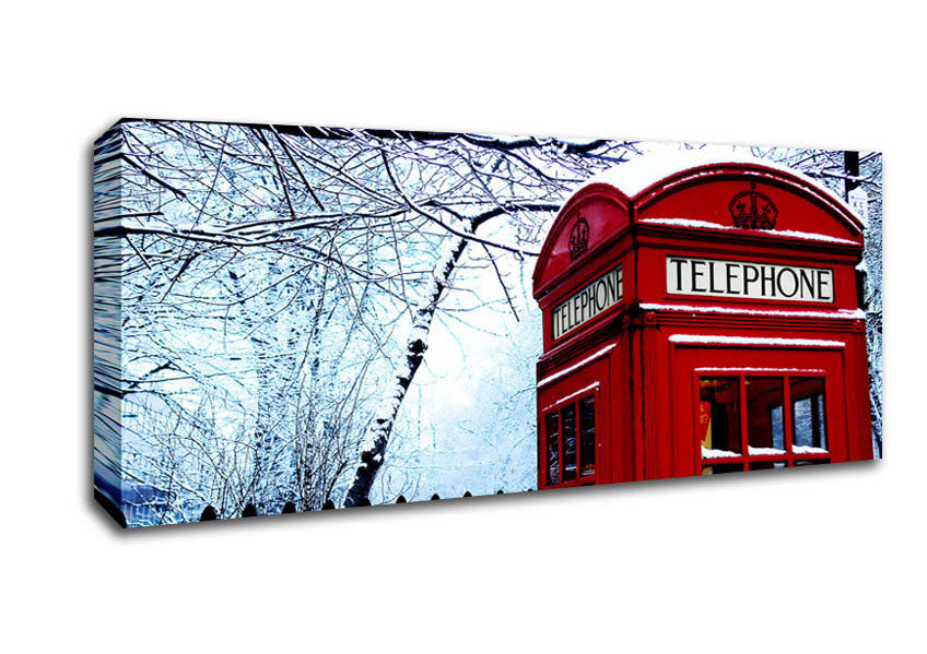 Picture of London Telephone Box In The Snow Panoramic Canvas Wall Art