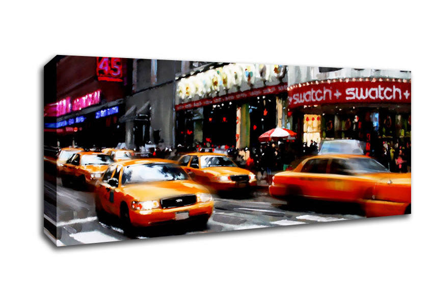 Picture of New York City 5Th Avenue Yellow Cabs Panoramic Canvas Wall Art