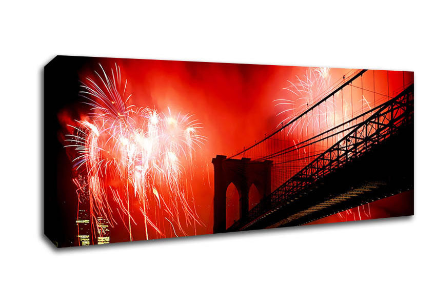 Picture of New York City Brooklyn Bridge Fireworks Red Panoramic Canvas Wall Art