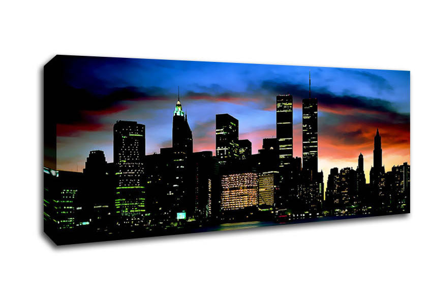 Picture of New York City Twin Towers At Night Panoramic Canvas Wall Art