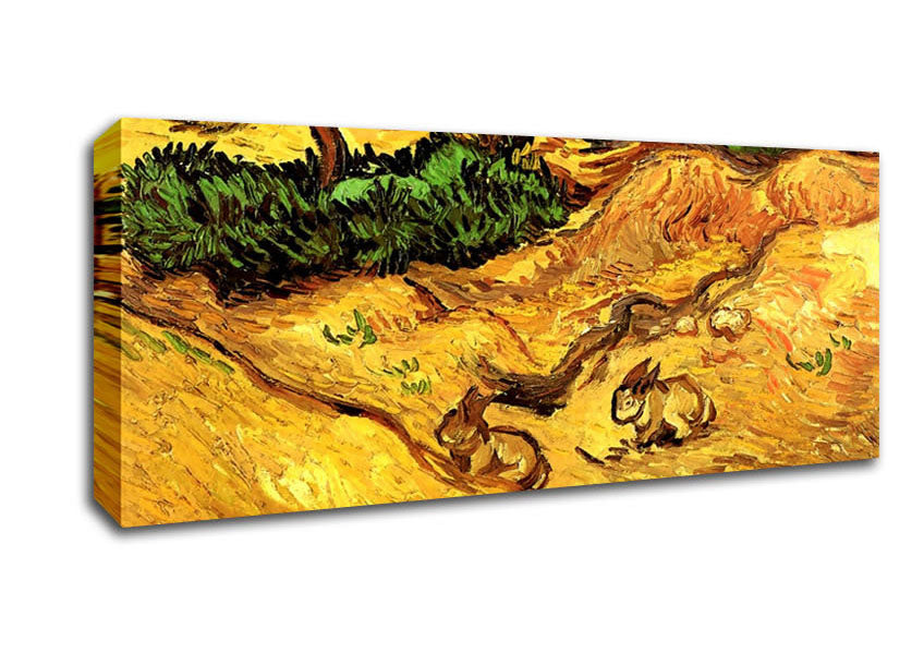 Picture of Van Gogh Field With Two Rabbits Panoramic Canvas Wall Art