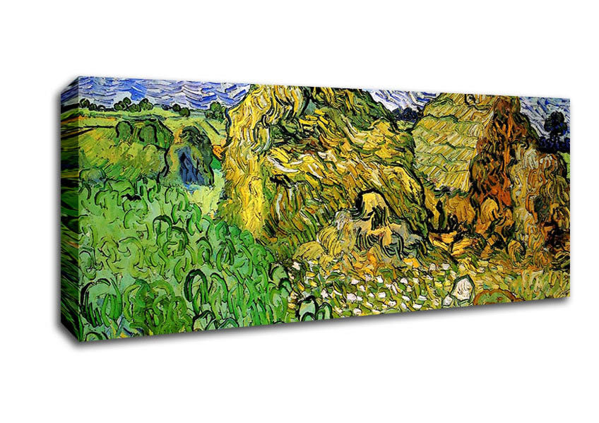 Picture of Van Gogh Field With Wheat Stacks Panoramic Canvas Wall Art