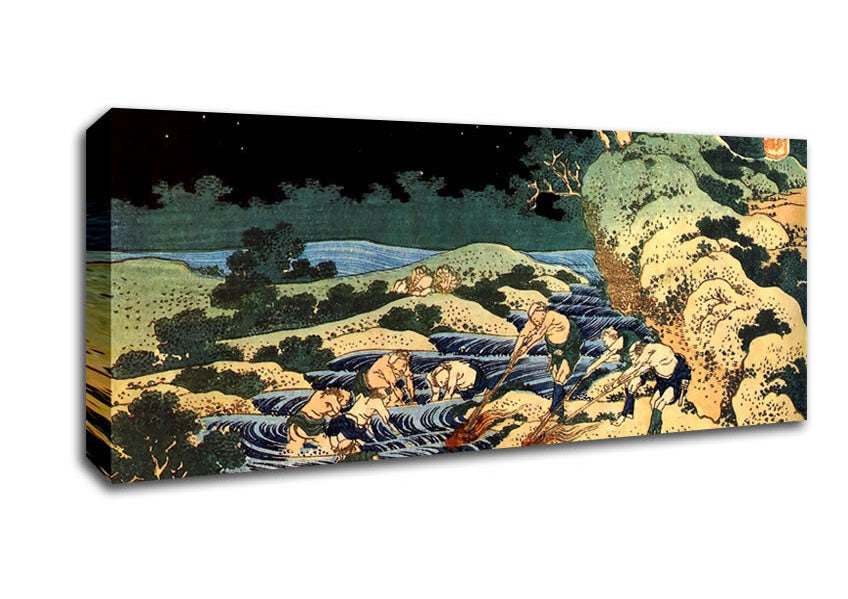Picture of Hokusai Fishing With Torches Panoramic Canvas Wall Art