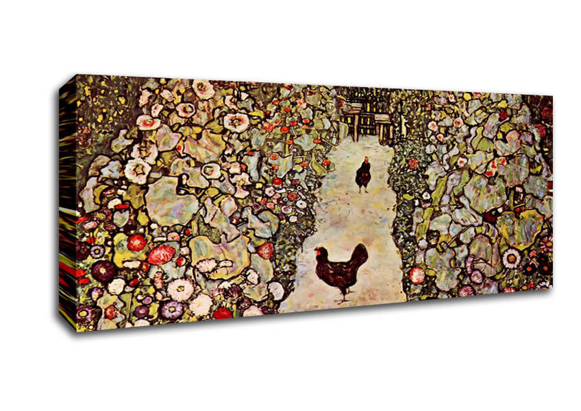 Picture of Klimt Garden Path With Chickens Panoramic Canvas Wall Art