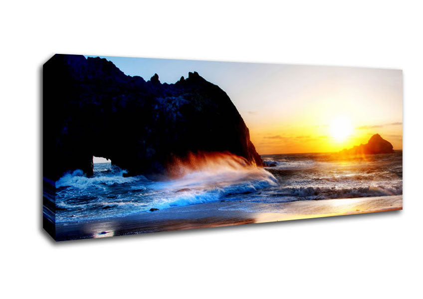 Picture of Ocean Waves At Sunset Panoramic Canvas Wall Art