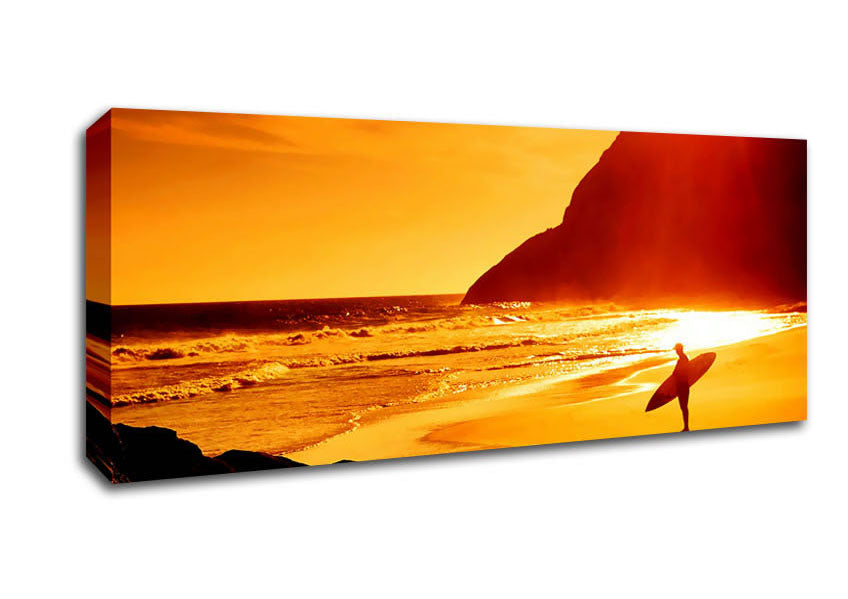 Picture of Surfer At Dawn Orange Panoramic Canvas Wall Art