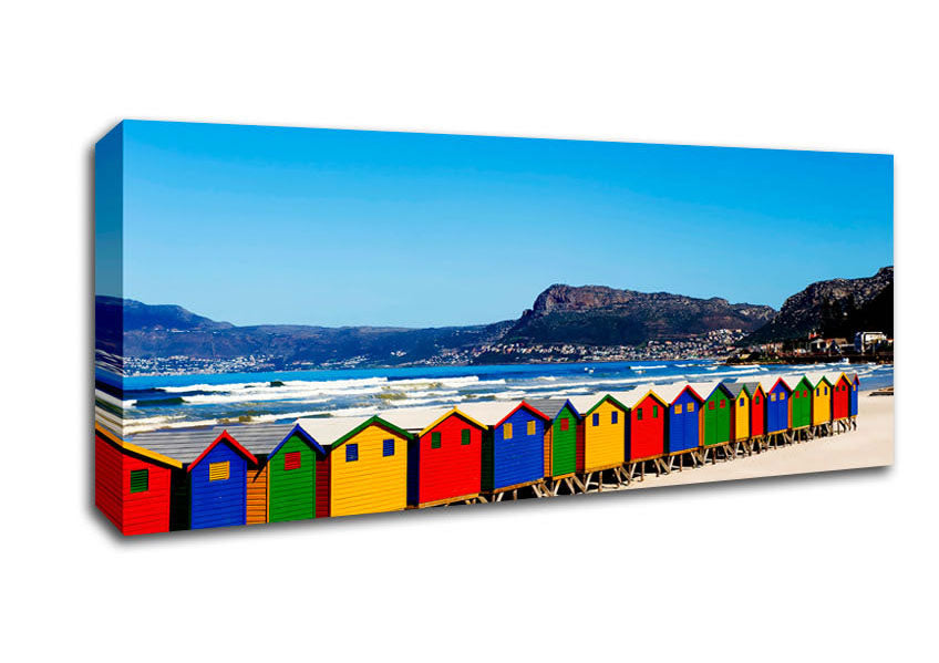 Picture of Colourful Beach Hut Line-Up Panoramic Canvas Wall Art
