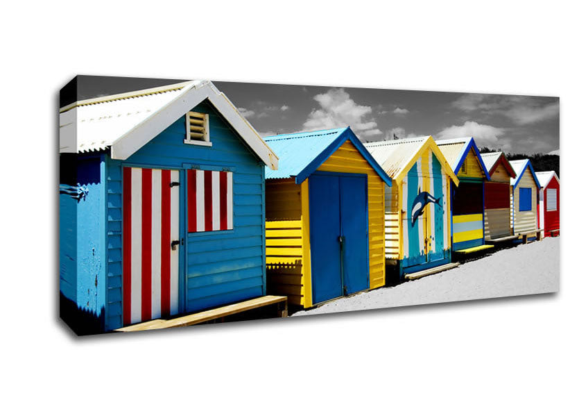 Picture of Colourful Beach Huts On B n W Panoramic Canvas Wall Art