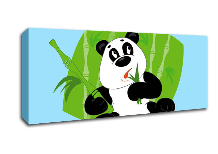 Picture of Panda Eating Bamboo Baby Blue Panoramic Canvas Wall Art