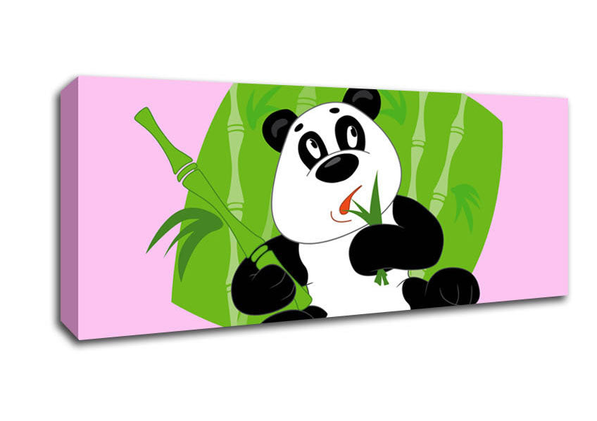 Picture of Panda Eating Bamboo Pink Panoramic Canvas Wall Art