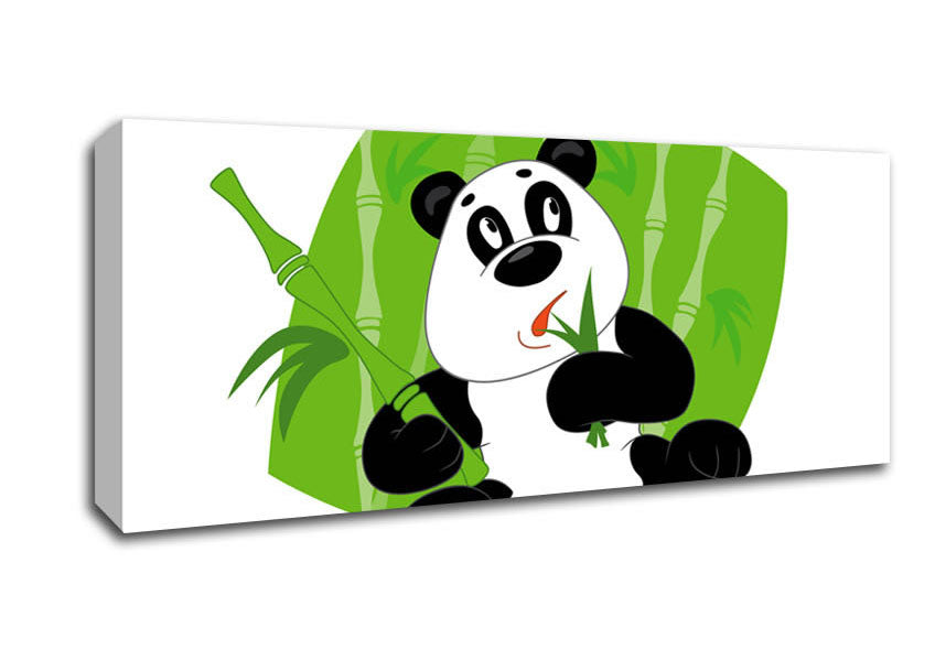 Picture of Panda Eating Bamboo White Panoramic Canvas Wall Art