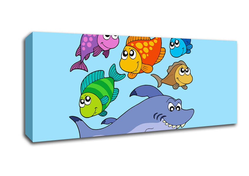 Picture of Shark And Fish Baby Blue Panoramic Canvas Wall Art