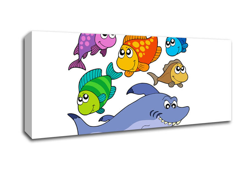 Picture of Shark And Fish White Panoramic Canvas Wall Art