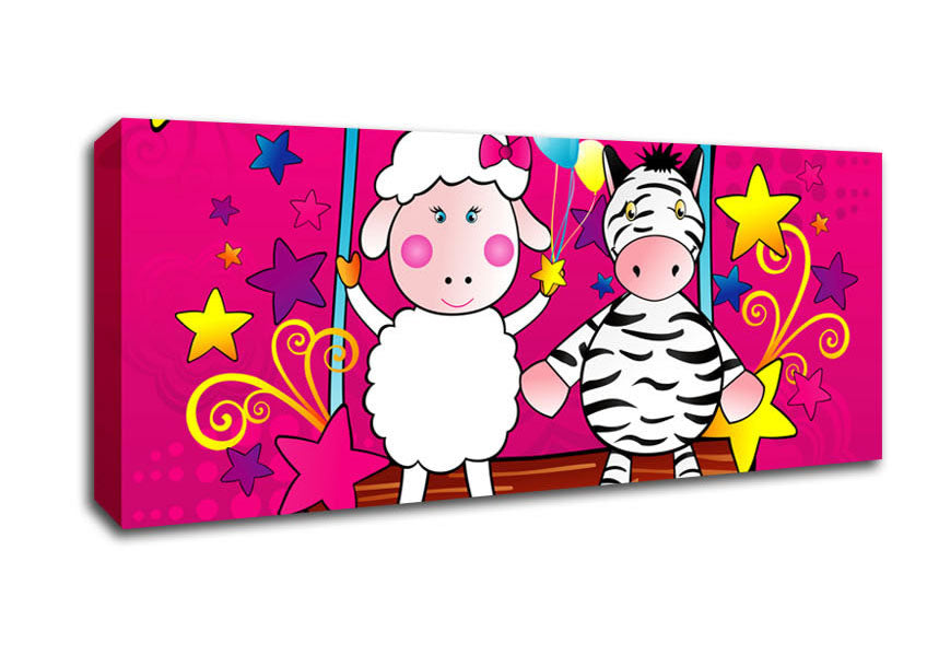Picture of Sheep And Zebra On Swing Celebration White Panoramic Canvas Wall Art
