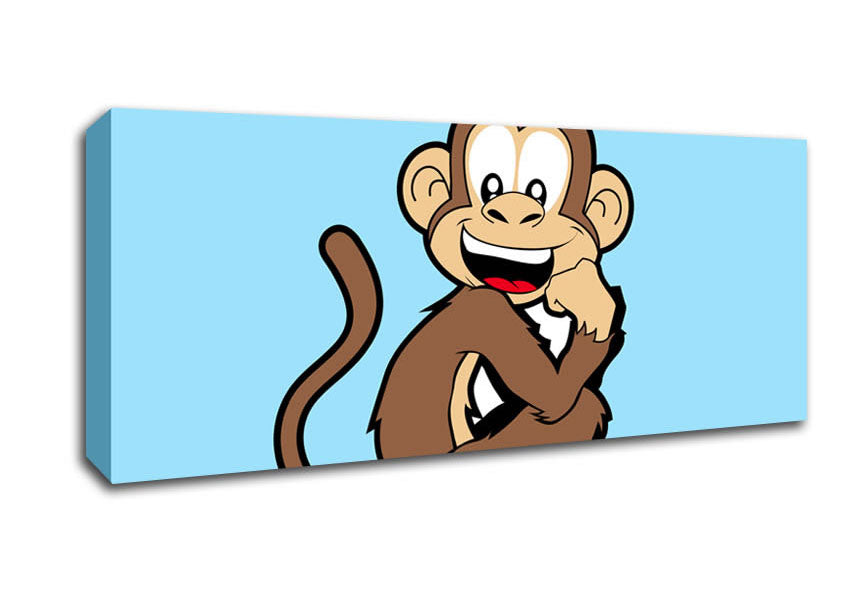 Picture of Sitting Monkey Smiling Baby Blue Panoramic Canvas Wall Art