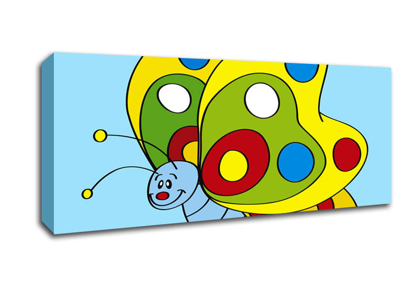 Picture of Smiling Flying Caterpilla Baby Blue Panoramic Canvas Wall Art