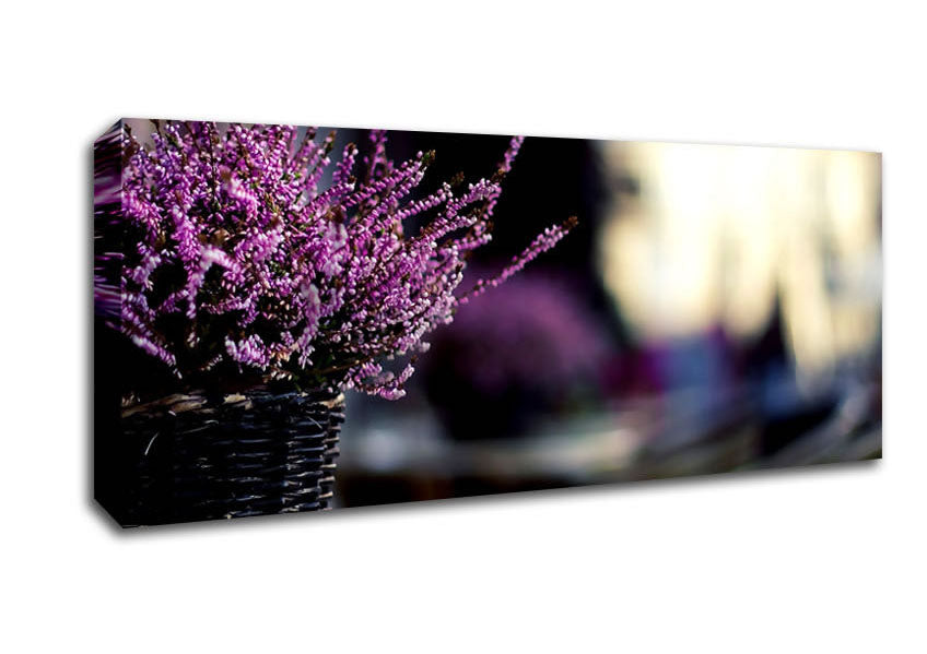 Picture of Purple Flowers In A Basket Panoramic Canvas Wall Art