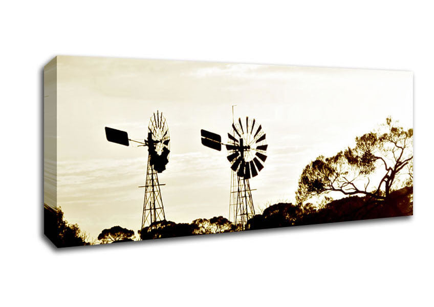 Picture of Windmills Sepia Panoramic Canvas Wall Art