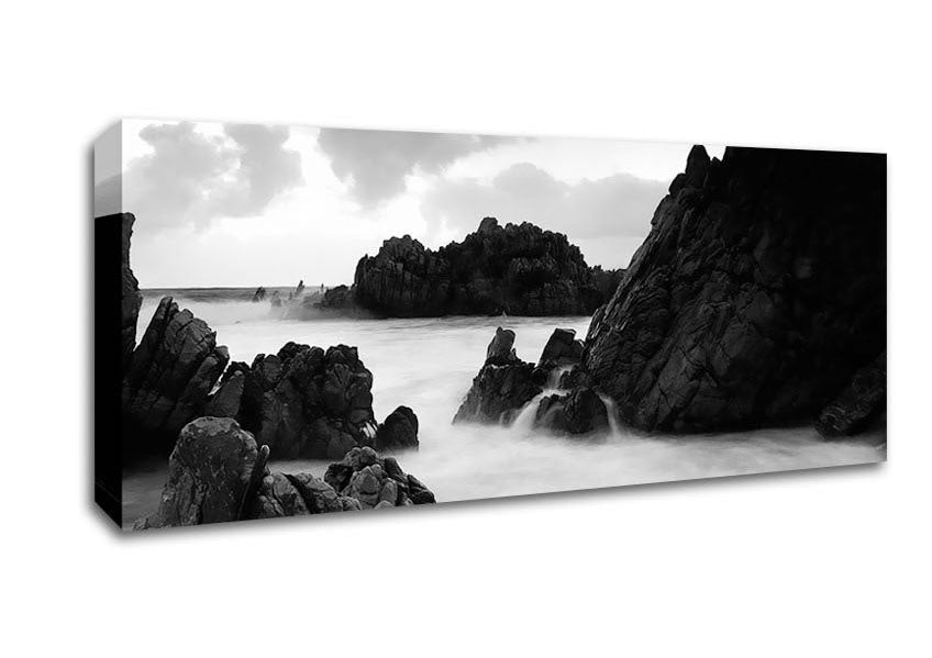 Picture of The Ocean Rocks B n W Panoramic Canvas Wall Art