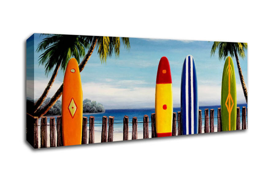 Picture of Surfboards On The Fence Panoramic Canvas Wall Art