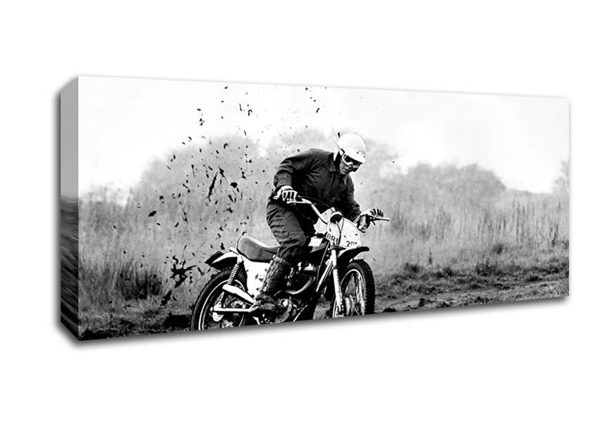 Picture of Motor Bike In The Mud B n W Panoramic Canvas Wall Art