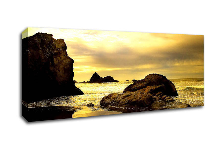 Picture of Rocky Beach At Yellow Dawn Panoramic Canvas Wall Art