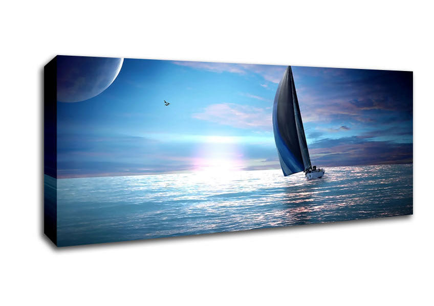 Picture of Sailing Boat In The Moonlit Ocean Panoramic Canvas Wall Art