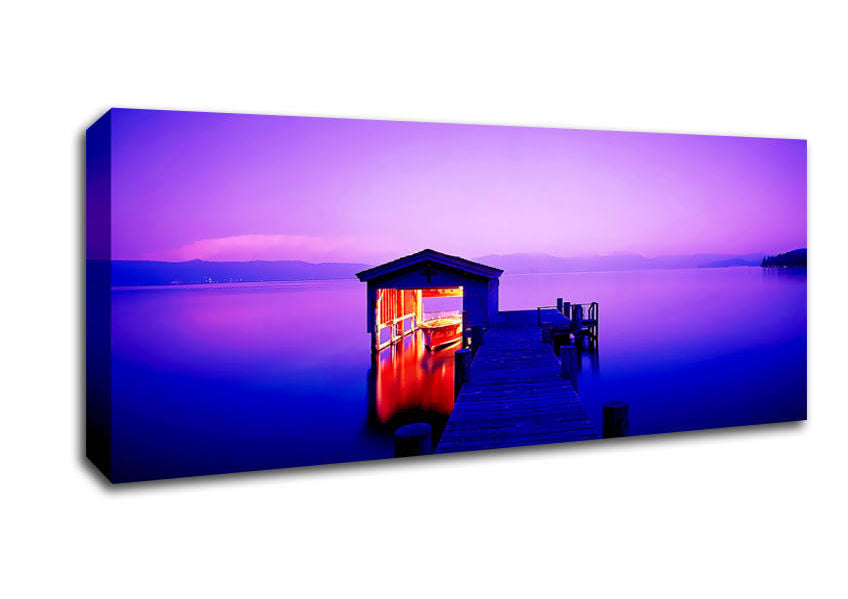 Picture of Tranquil Lake Boat House Purple Panoramic Canvas Wall Art