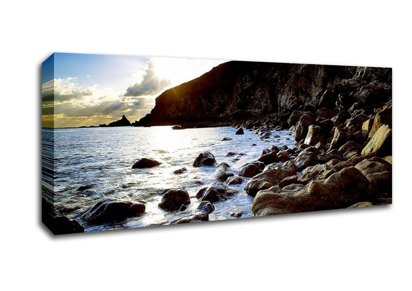 Picture of Sun Kissed Ocean Rocks Panoramic Canvas Wall Art