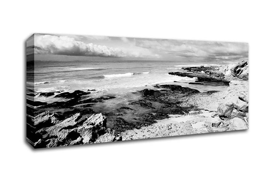 Picture of Rocks Of The Ocean Black And White Panoramic Canvas Wall Art