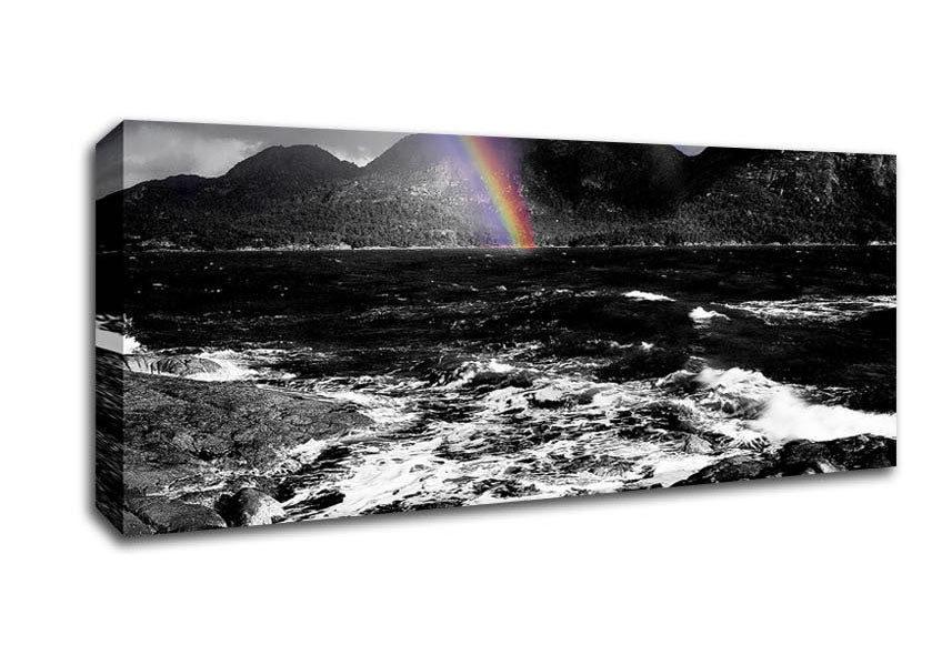 Picture of Rainbow Ocean Mountains B n W Panoramic Canvas Wall Art