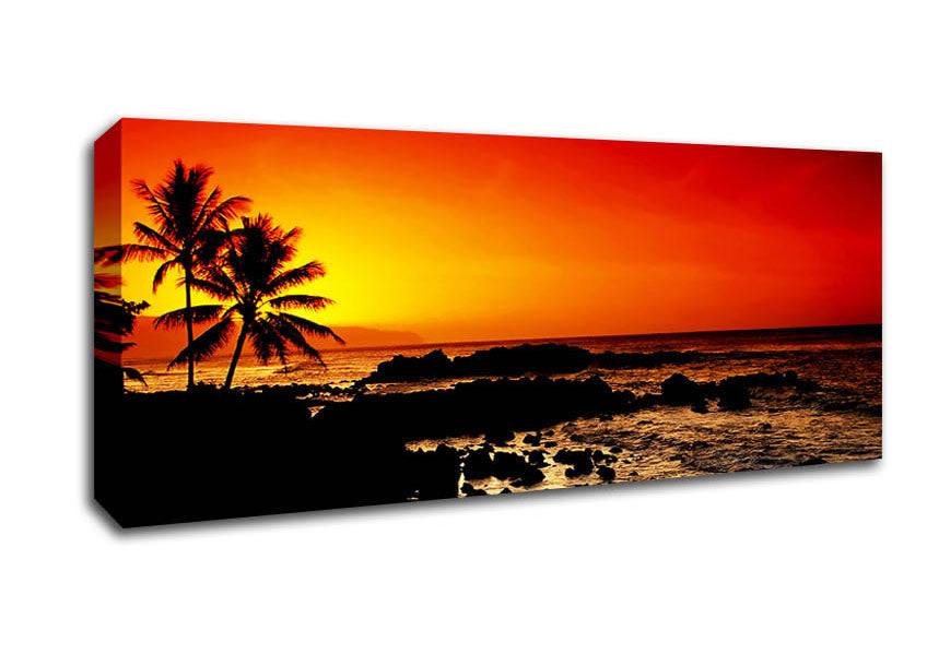 Picture of Stunning Palm Tree Ocean Rocks Panoramic Canvas Wall Art