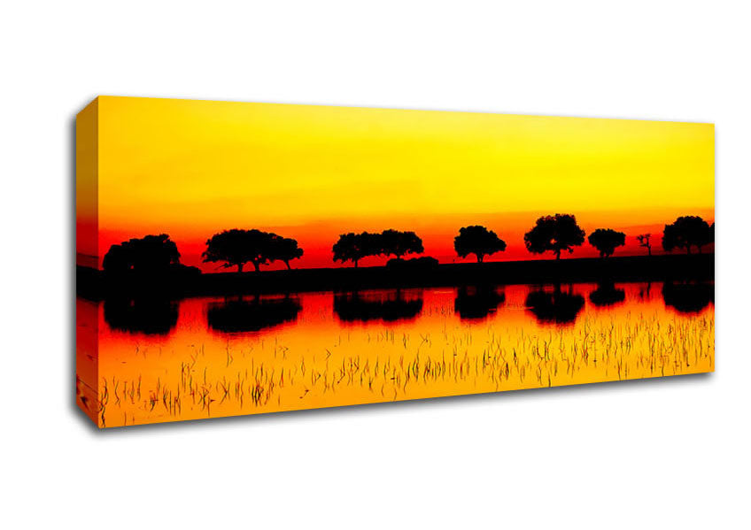 Picture of Reflections Of The Sunset Trees Golden Panoramic Canvas Wall Art