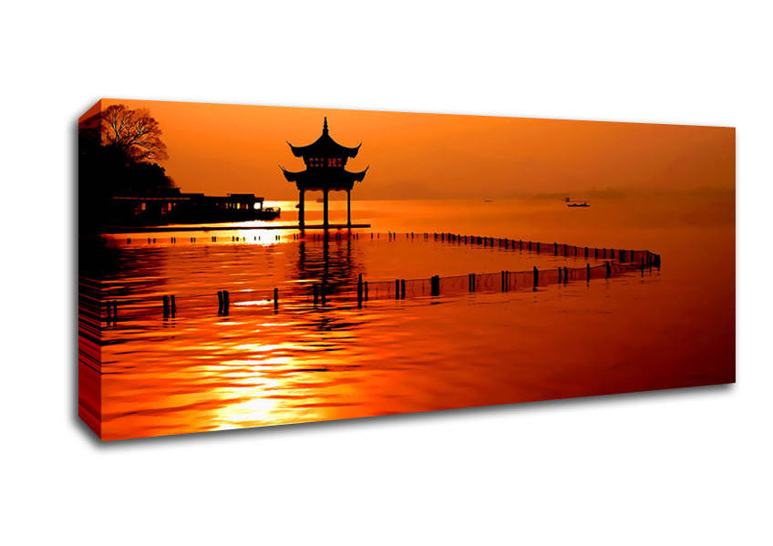 Picture of Sunset Orange Lake Calm Panoramic Canvas Wall Art