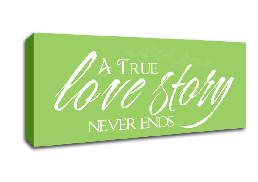 Picture of Love Quote A True Love Story Never Ends Lime Green Panoramic Canvas Wall Art