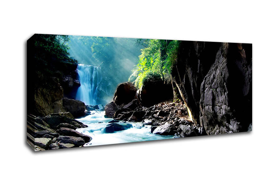 Picture of Sunbeams Over The Mountain Waterfall Panoramic Canvas Wall Art