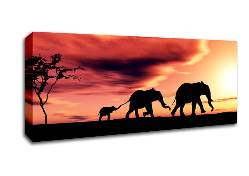 Picture of Elephant Family Sunset Panoramic Canvas Wall Art