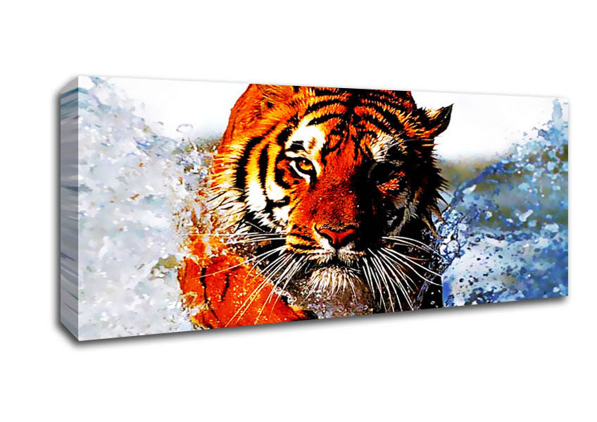 Picture of Tiger Running In Water Panoramic Canvas Wall Art