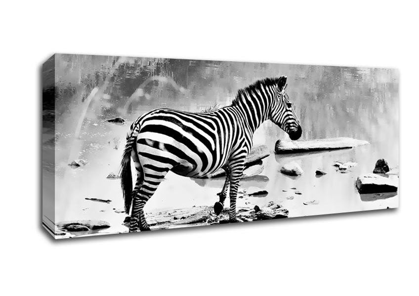 Picture of Zebras Watering Hole B n W Panoramic Canvas Wall Art