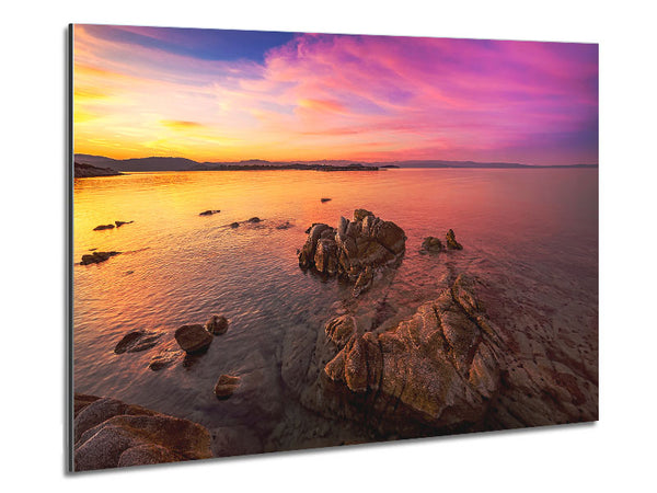 Pink Skies Over The Ocean Rocks Metal Print