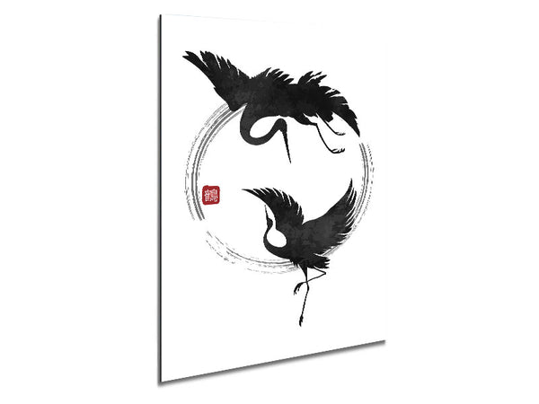 Japanese Cranes In The Circle Of Life Metal Print