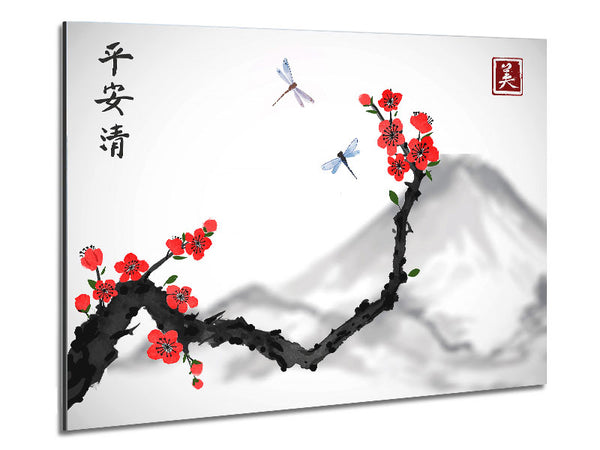 Chinese Cherry Blossom Mountains Metal Print