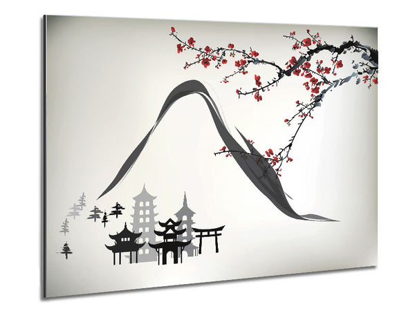 Mountains And Chinese Cherry Blossom Metal Print