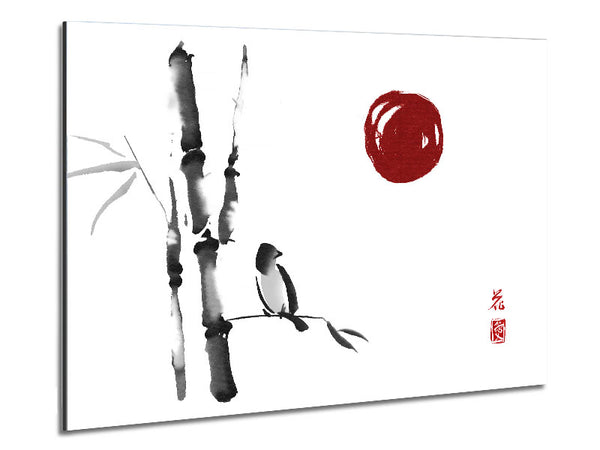 Japanese Bamboo Bird In The Red Sun Metal Print