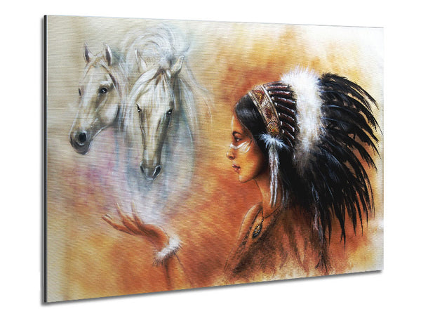 Red Indian Princess With Horses Metal Print