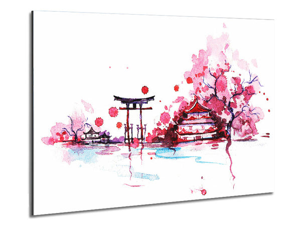 Chinese Cherry Blossom Lake Metal Print