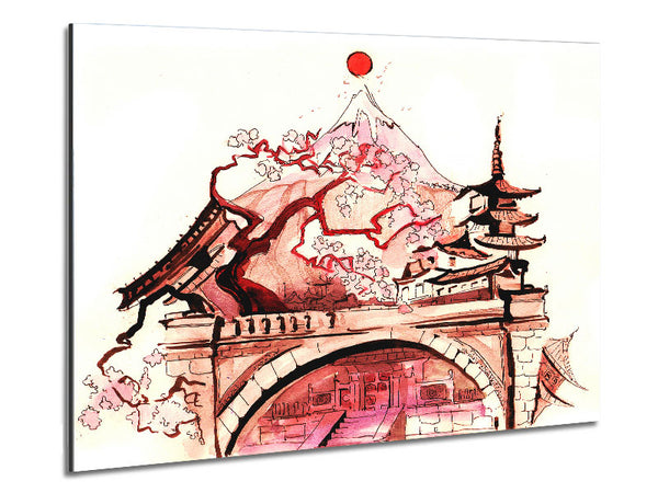 Chinese Cherry Blossom Temple Metal Print