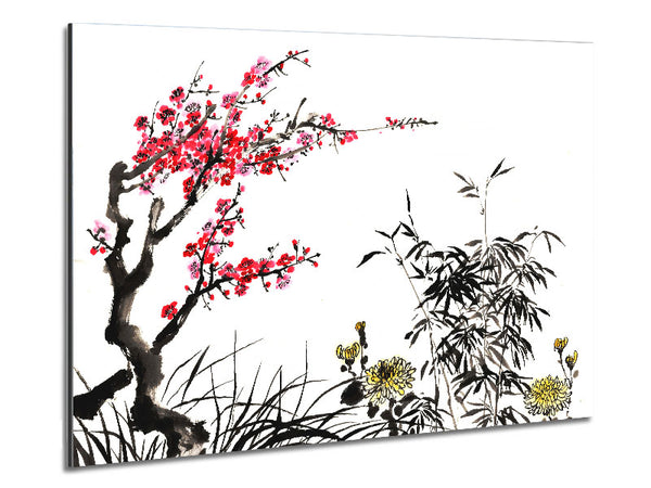 Chinese Cherry Blossom Grasses Metal Print